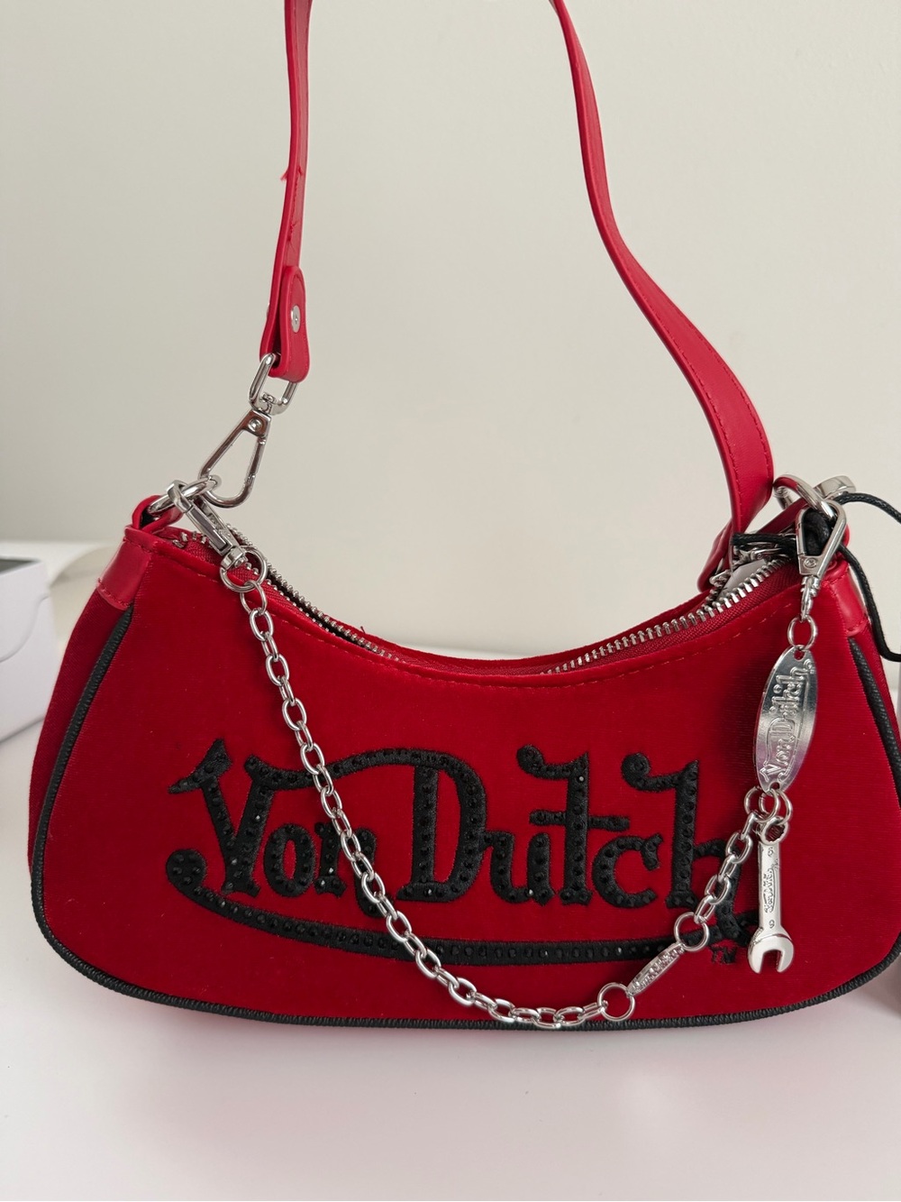 Von Dutch Red Suede Shoulder Bag with Chain